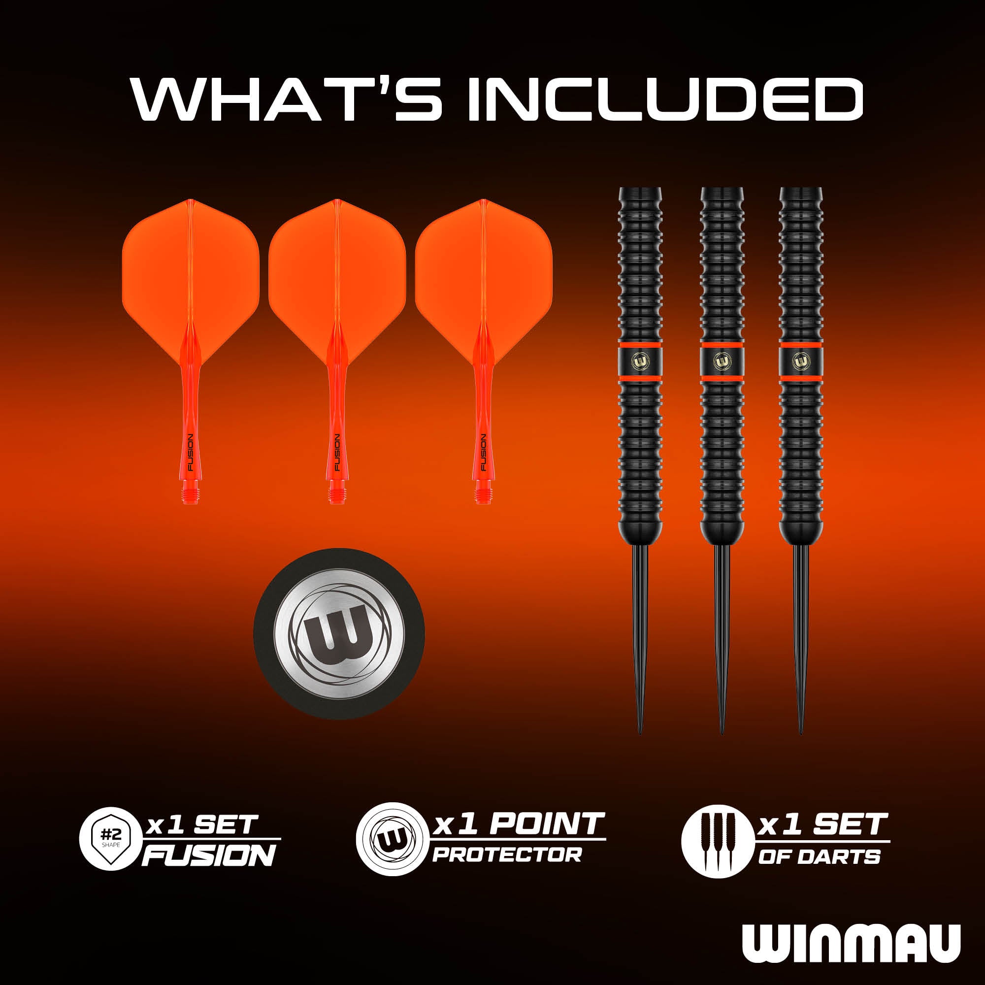 Winmau Emma Paton dart set included shot on a black-to-orange gradient background with the text 'WHAT'S INCLUDED' at the top. The image shows four orange flight darts, three black ribbed barrel darts, a silver and black point protector, and text indicating one set of fusion darts, one point protector, and one set of darts.