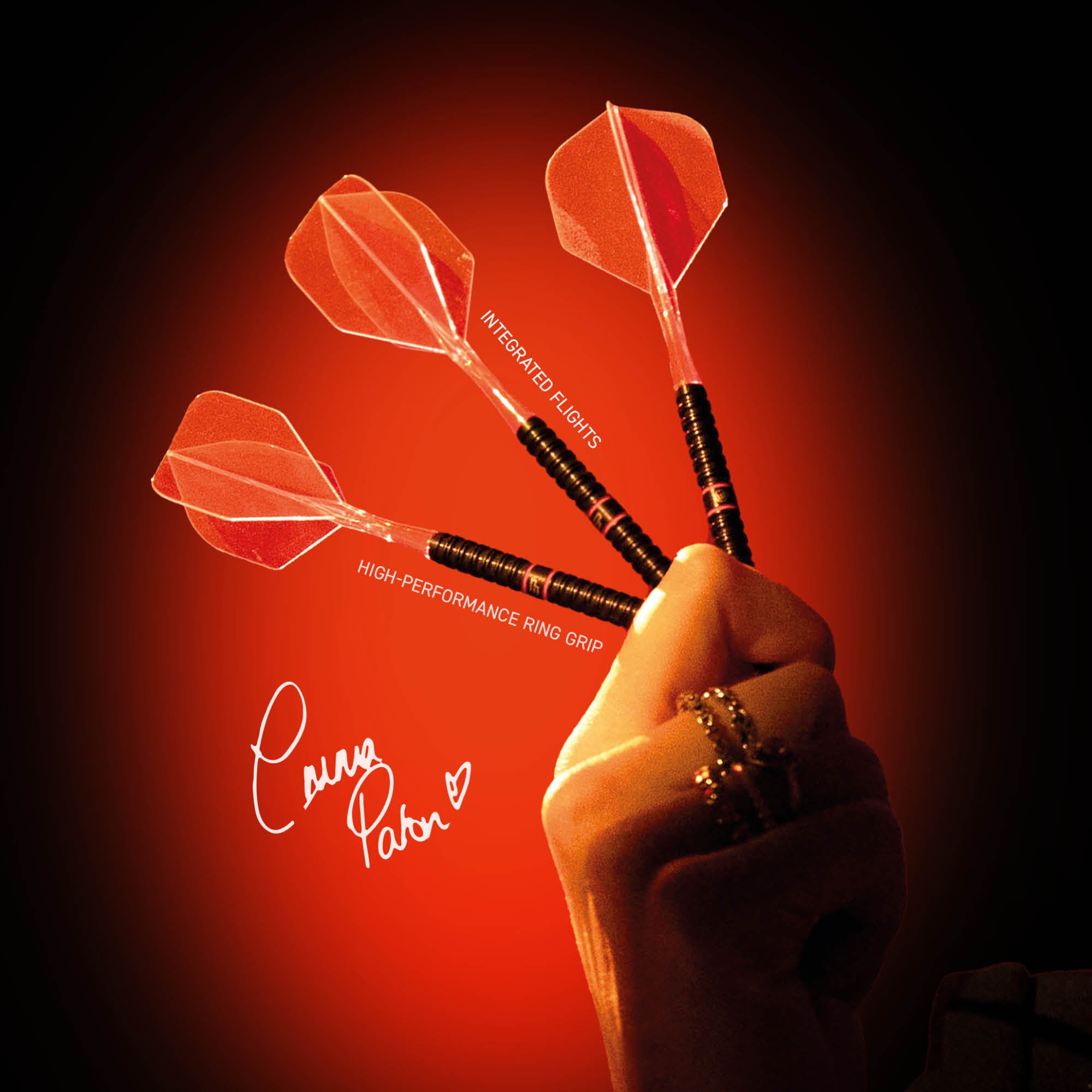 Three orange and black darts held by Emma Paton, next to her signature.