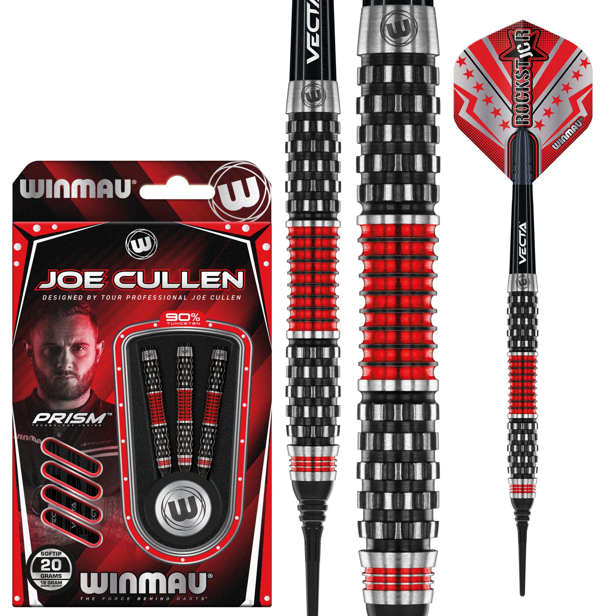 Fléchettes Softip Tungstène Winmau Joe Cullen – 22 G, Avec Tiges Prism Force Et Ailettes Prism Alpha, étui De Protection