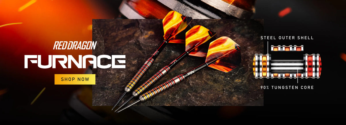 Red Dragon Furnace steel outer shell 90% tungsten core darts with orange and yellow flights, shown with a product graphic and text on a dark background with fiery orange accents.