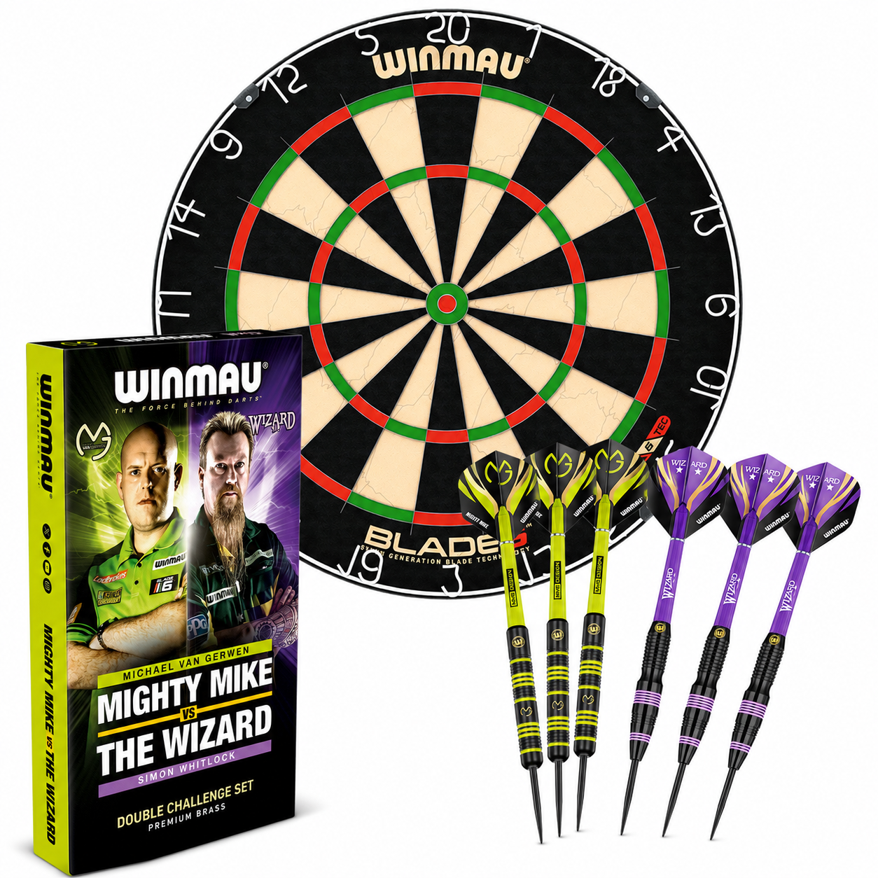 Winmau Blade 6 Dartboard & MvG vs The Wizard Brass Darts Bundle