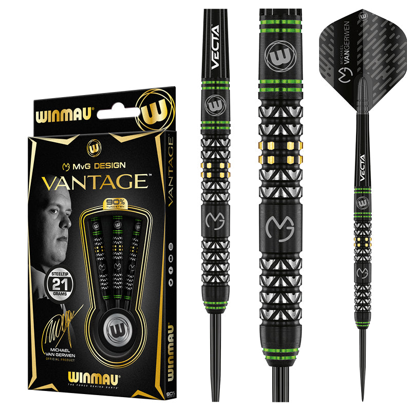 WINMAU Michael Van Gerwen MvG Vantage Tungsten Steeltip Darts Set 22 Gram With Prism Flights And Vecta Shafts (Stems