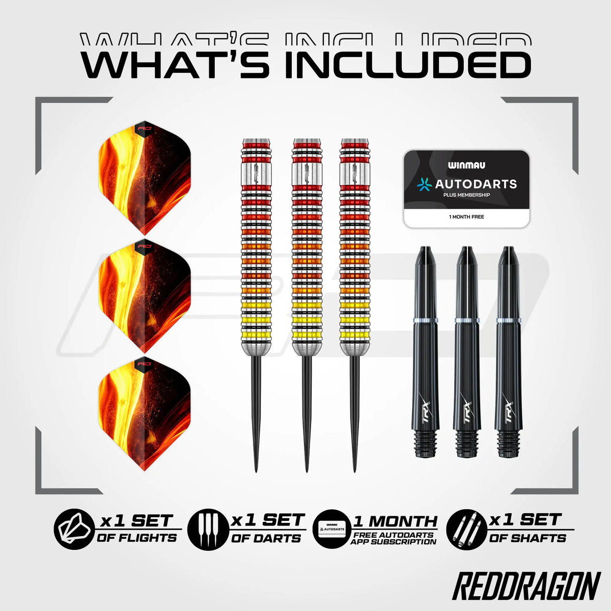 What's included graphic for the Reddragon Furnace darts, showing three red and black flights, four red and black striped darts, four black shafts, and an Autodarts 1-month Plus Membership card on a light gray background.