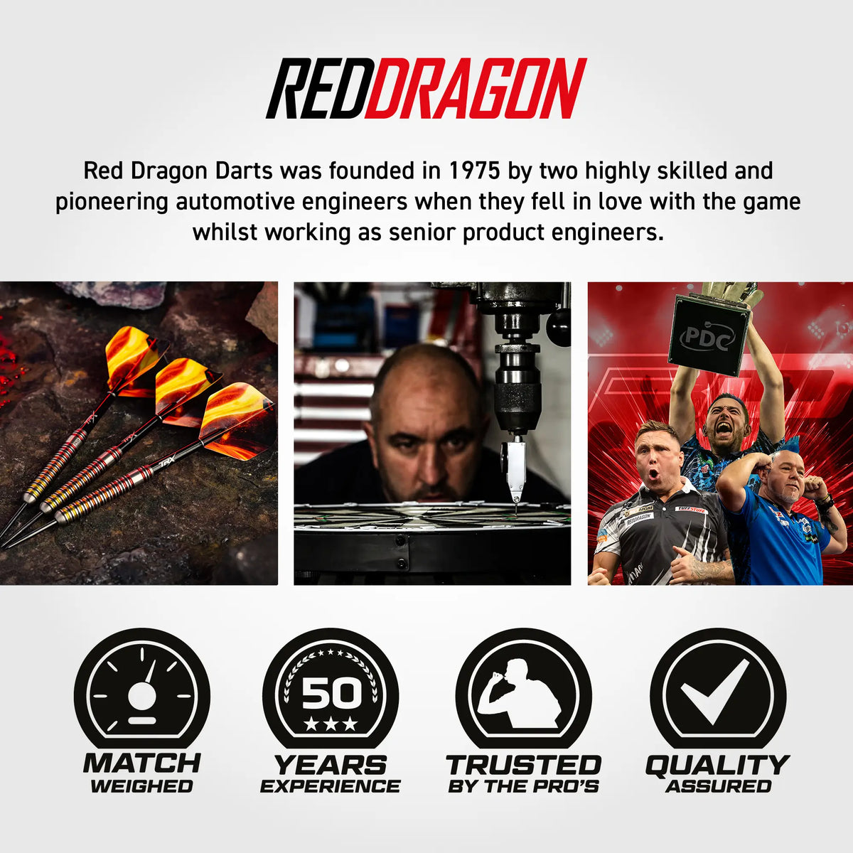 Promotional graphic for Red Dragon Darts featuring the brand name at the top, a short paragraph of text about the company's history, four inset photos including darts, a dartboard scene, a dart player, and a trophy celebration, and four black circular icons at the bottom reading Match Weighed, 50 Years Experience, Trusted by the Pros, and Quality Assured.