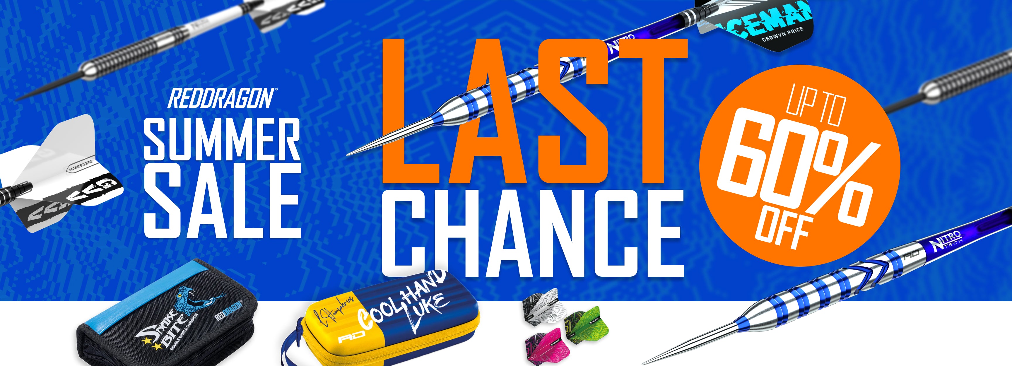 Promotional sale banner for Red Dragon darts featuring several dart barrels, a dart case, and large text reading 'RED DRAGON SUMMER SALE', 'LAST CHANCE', and 'UP TO 60% OFF' on a blue background.