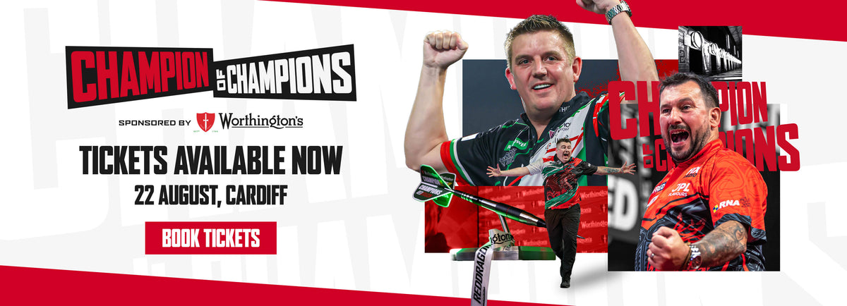 Promotional banner for a sports event featuring two male athletes in action, with text reading 'Champion of Champions', 'Book Tickets', and 'Tickets Available Now 22 August, Cardiff'.
