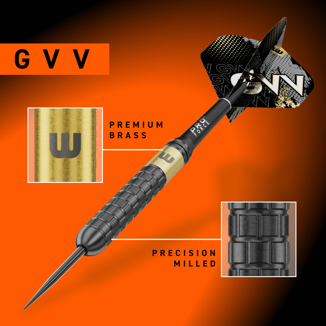 A GVV Gian Van Veen Winmau brass dart set on a bright orange gradient background, featuring a close-up of the brass barrel with the GVV logo, a texture inset of the ribbed black grip, and text highlighting premium brass and precision milled construction.