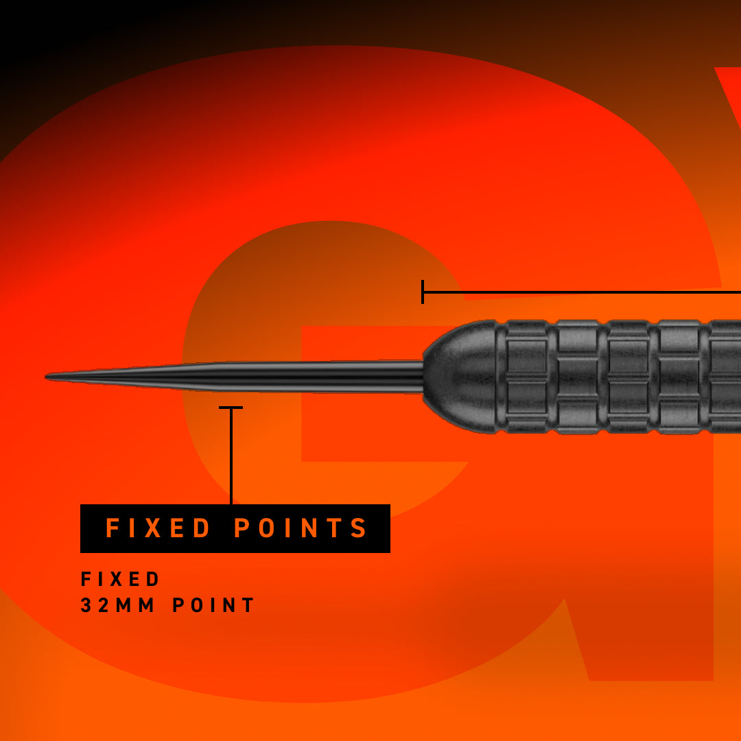 A close-up product graphic of a black dart tip with a textured handle, overlaid with dimension lines and text reading 'FIXED POINTS' and 'FIXED 32MM POINT' on a bright orange background.