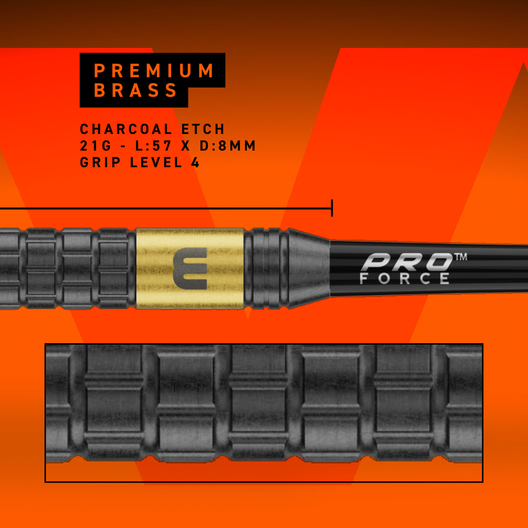 A close-up product graphic of a GVV brass dart grip on a bright orange background. The grip is primarily charcoal black with a metallic gold center section featuring thw Winmau logo and the brand name 'PRO FORCE' in white.