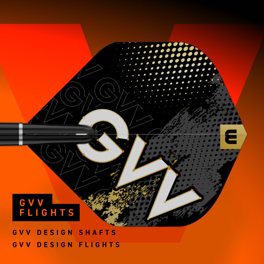 A close-up graphic of a dart shaft and flight with large white GVV lettering and Winmau logo, set against a bold orange background. Text at the bottom reads 'GVV FLIGHTS' and 'GVV DESIGN SHAFTS' and 'GVV DESIGN FLIGHTS'.