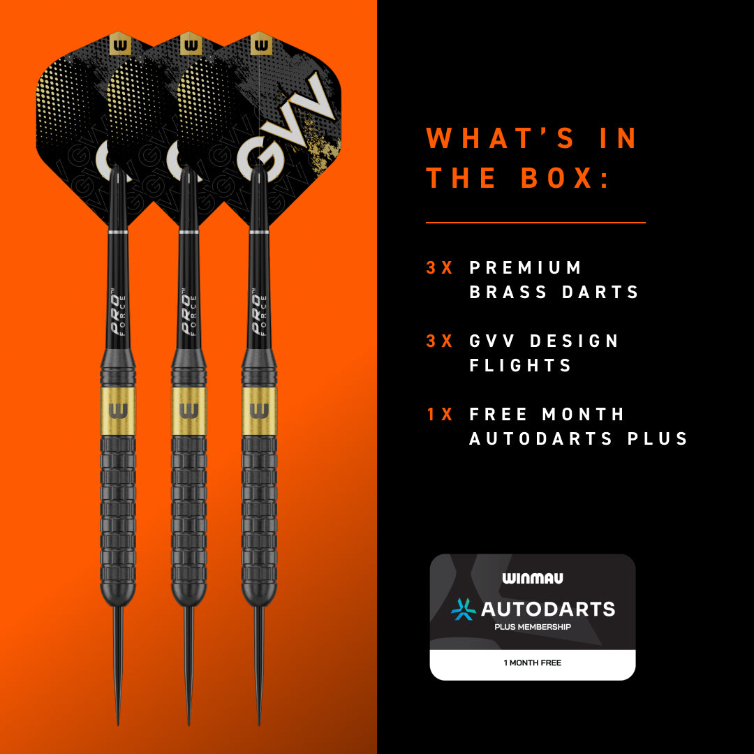 Three black and gold Winmau Gian van veen brass darts shown on the left against an orange gradient background, next to a black panel on the right detailing the contents of a box: 3x premium brass darts, 3x GVV design flights, and 1x free month Autodarts Plus.