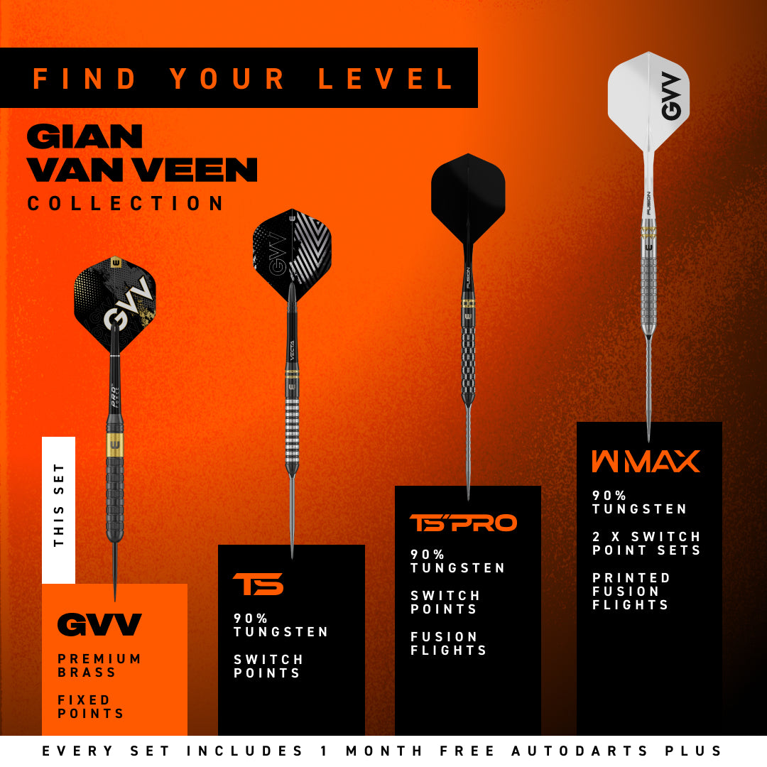 Promotional graphic for the Gian Van Nee Collection by Winmau, showcasing four different darts: GVV Premium Brass, TS 90% Tungsten, TS Pro 90% Tungsten, and W Max 90% Tungsten. The background is a textured orange gradient, and each dart is displayed next to its specific packaging card with product details.