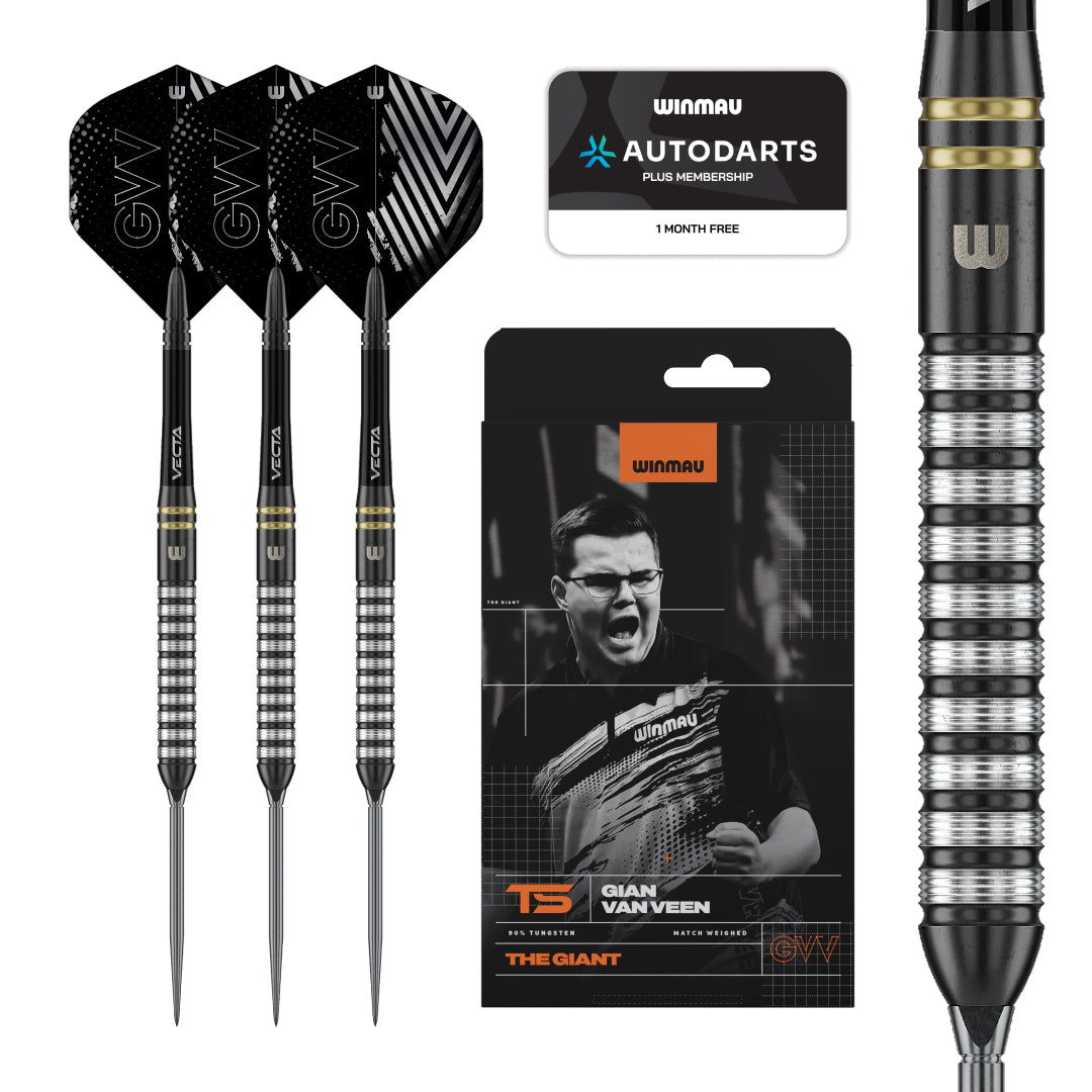 Three black and silver darts, a black and white Autodarts Free 1 month membership card, and black and packaging for Gian Van Veen 'The Giant' GVV TS 90% tungsten darts.