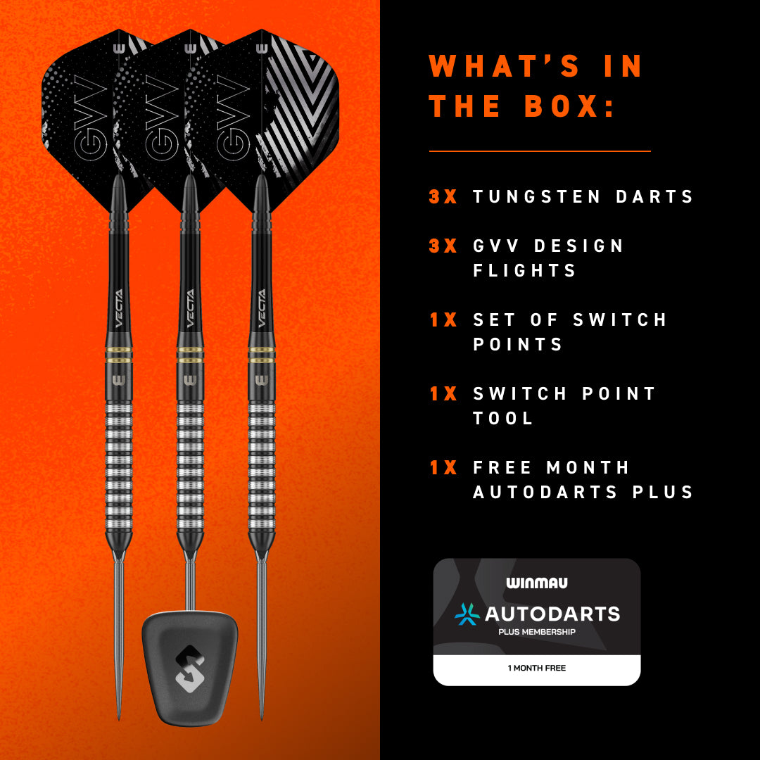 Three Gian Van Veen Winmau darts with black and white patterned flights and silver barrels are shown on an orange-to-black gradient background, alongside text listing what's included in the box and a Winmau Autodarts free 1-month Plus Membership card.