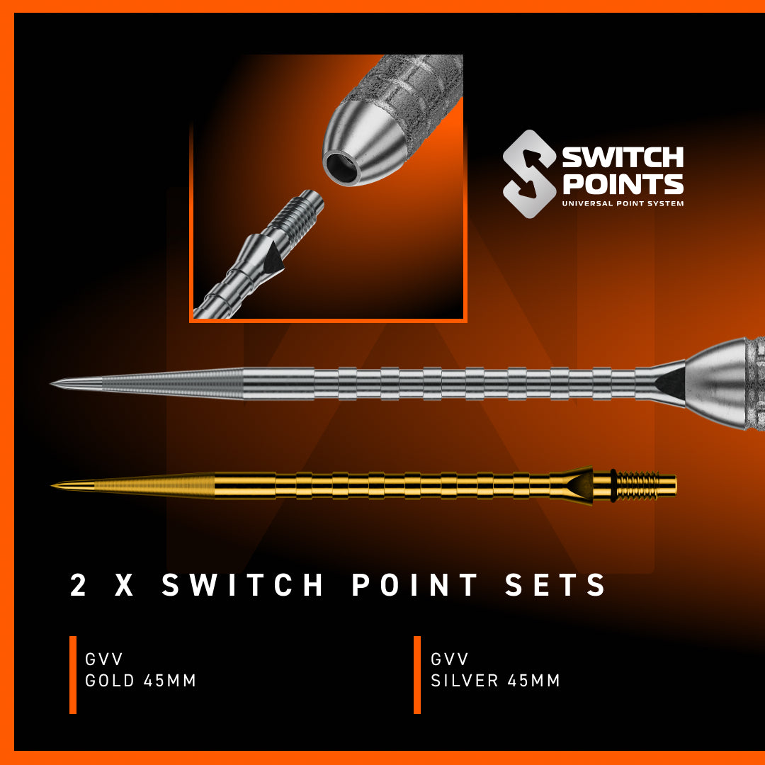 Close up of Switch Point dart points. One is silver 45mm, one is gold 45mm.