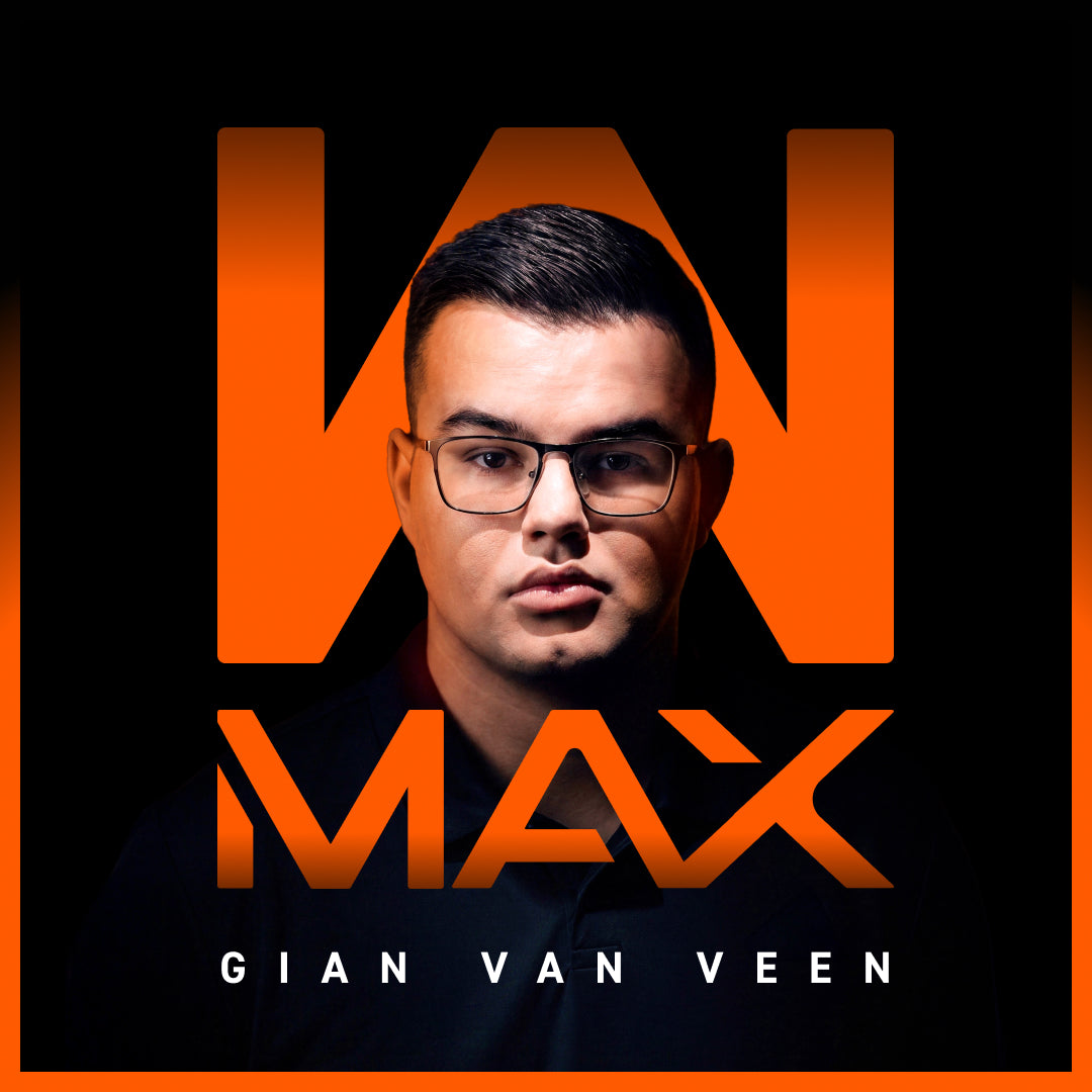 A square promotional graphic featuring Gian Van Veen, centered against a black background with large orange lettering reading 'W MAX' and smaller text 'GIAN VAN VEEN'.