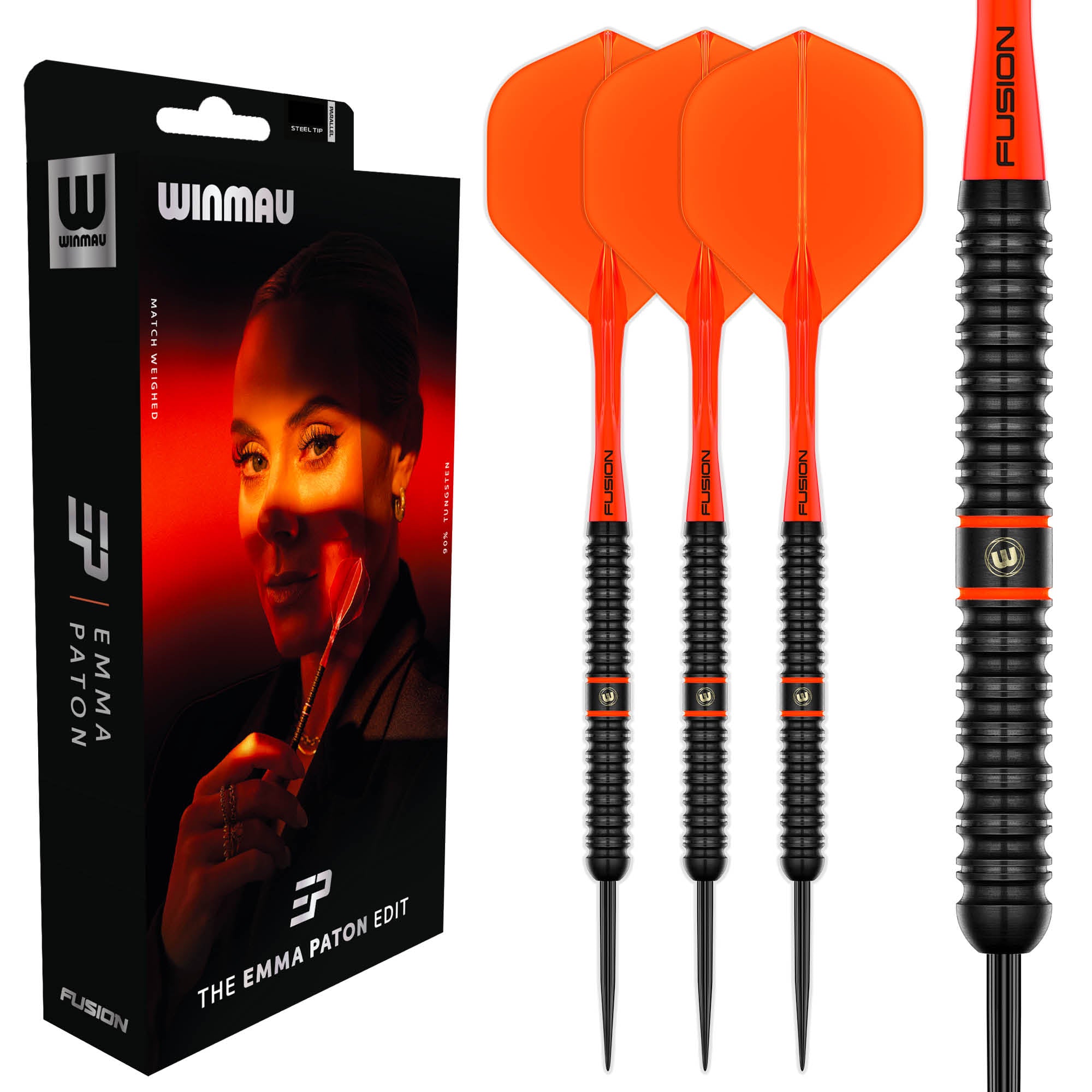 Winmau Fusion Emma Paton dart set featuring three bright orange flights with black ribbed barrels and steel tips, shown next to their black retail packaging box with a red and black design.