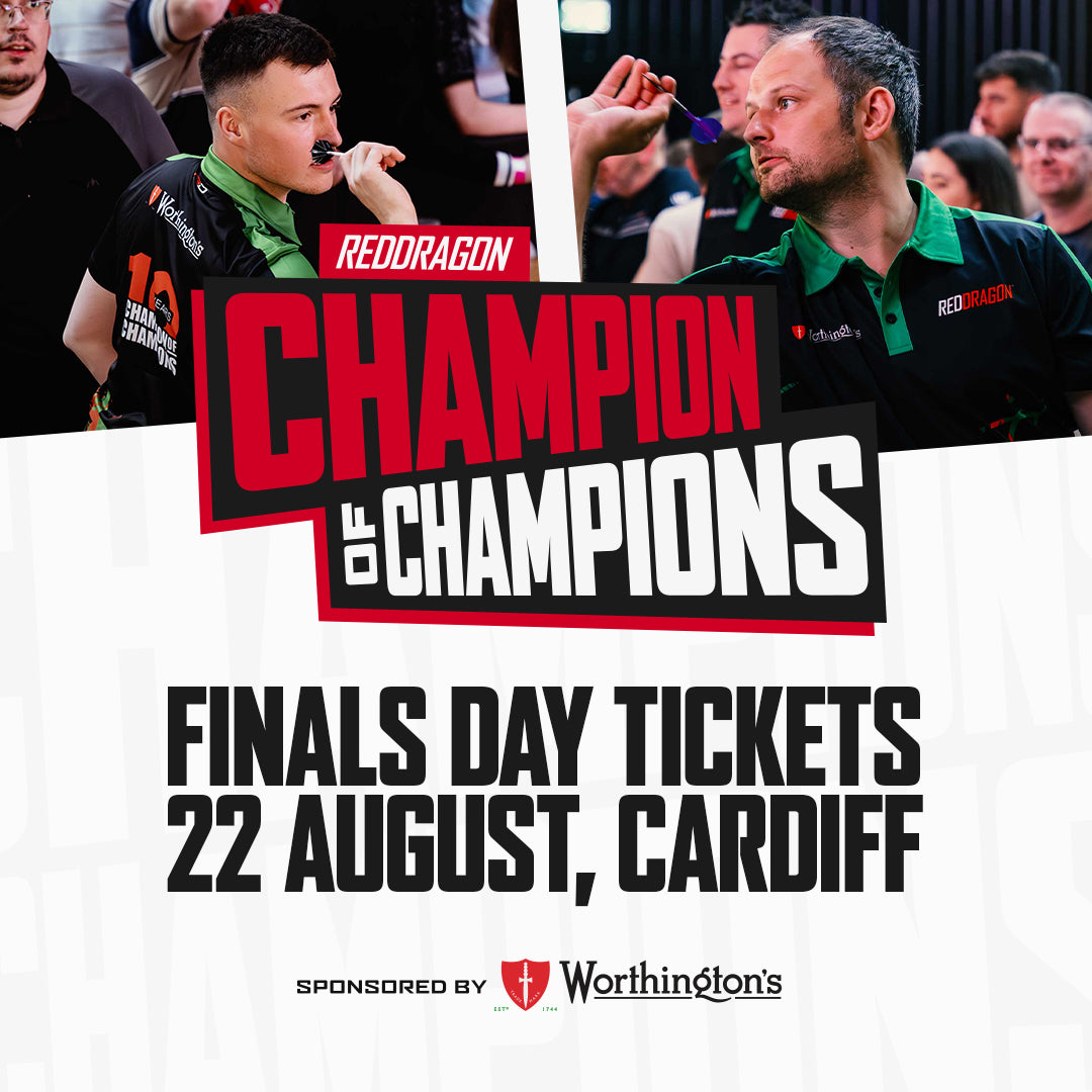 Promotional graphic for Red Dragon Championship of Champions finals day tickets, featuring two darts players in the background and large text reading 'CHAMPION of CHAMPIONS' with 'FINALS DAY TICKETS 22 AUGUST, CARDIFF' below. Worthington's sponsorship logo appears at the bottom.