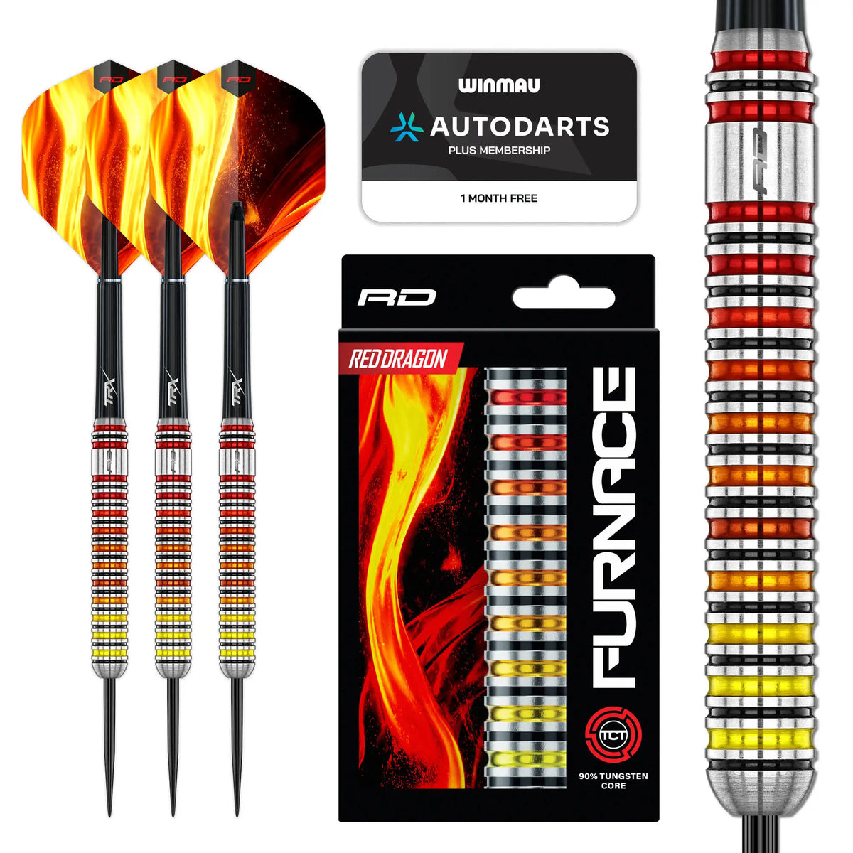 Reddragon Furnace steel-tip tungsten core darts with a red, orange, and yellow flame-patterned flight and a striped red, orange, and yellow barrel, shown alongside the retail packaging and a Winmau Autodarts Plus 1-month subscription card.