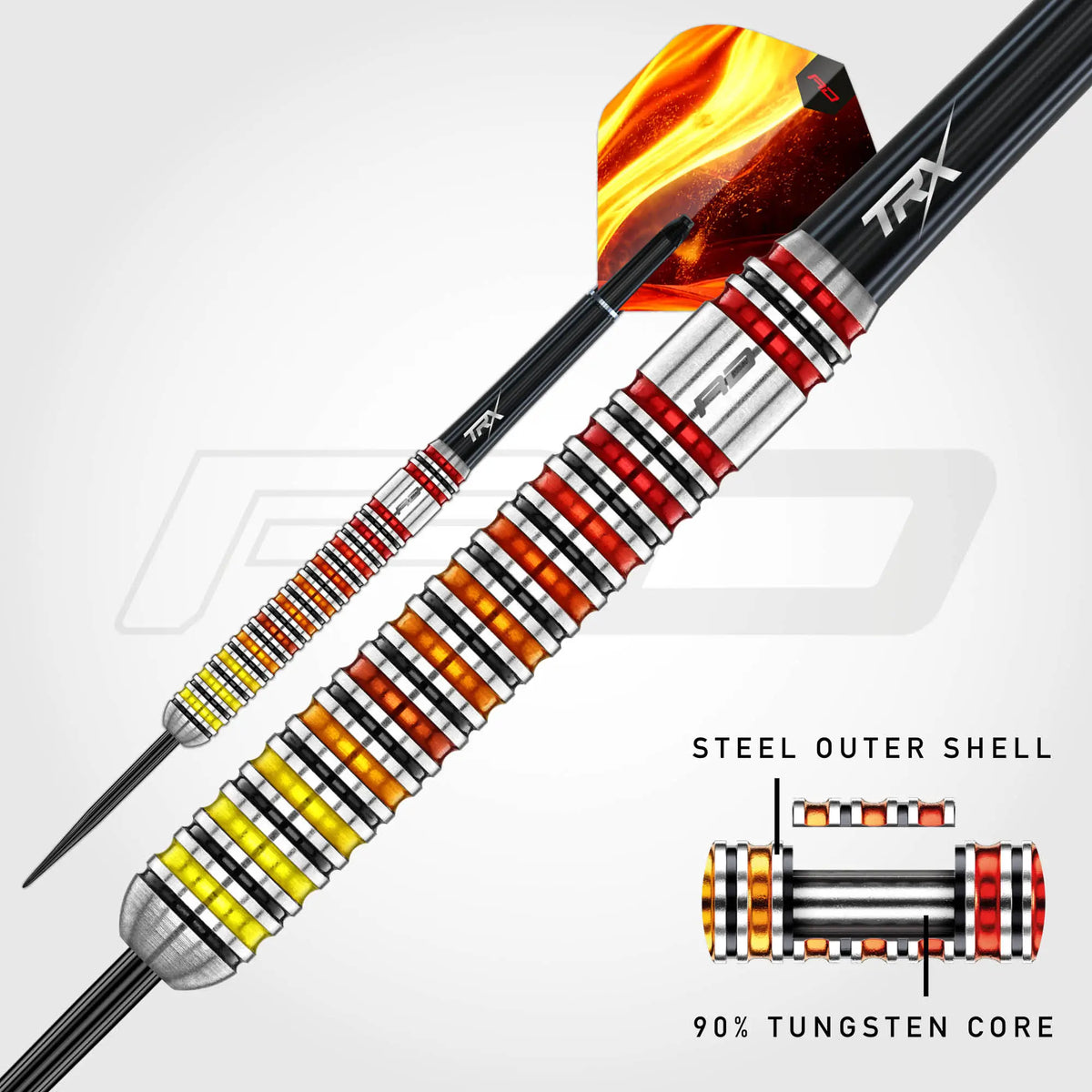 Close-up of a Reddragon Furnace dart dart with a black shaft, red and yellow striped steel outer shell, and a translucent amber flight, shown on a light gray background with an inset callout about the steel outer shell and tungsten core.