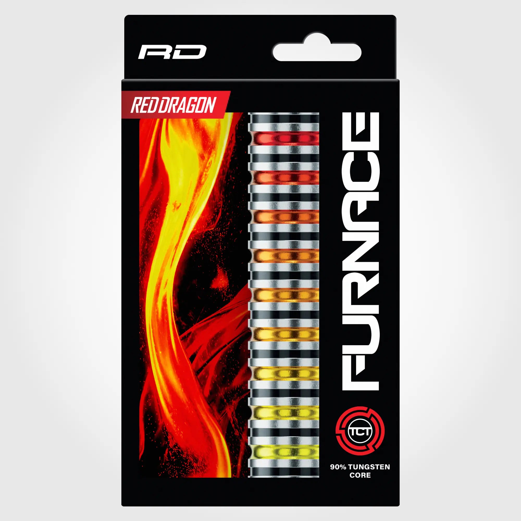 Packaging shot of Furnace Red Dragon 90% tungsten core darts in a black box with fiery red and yellow graphics