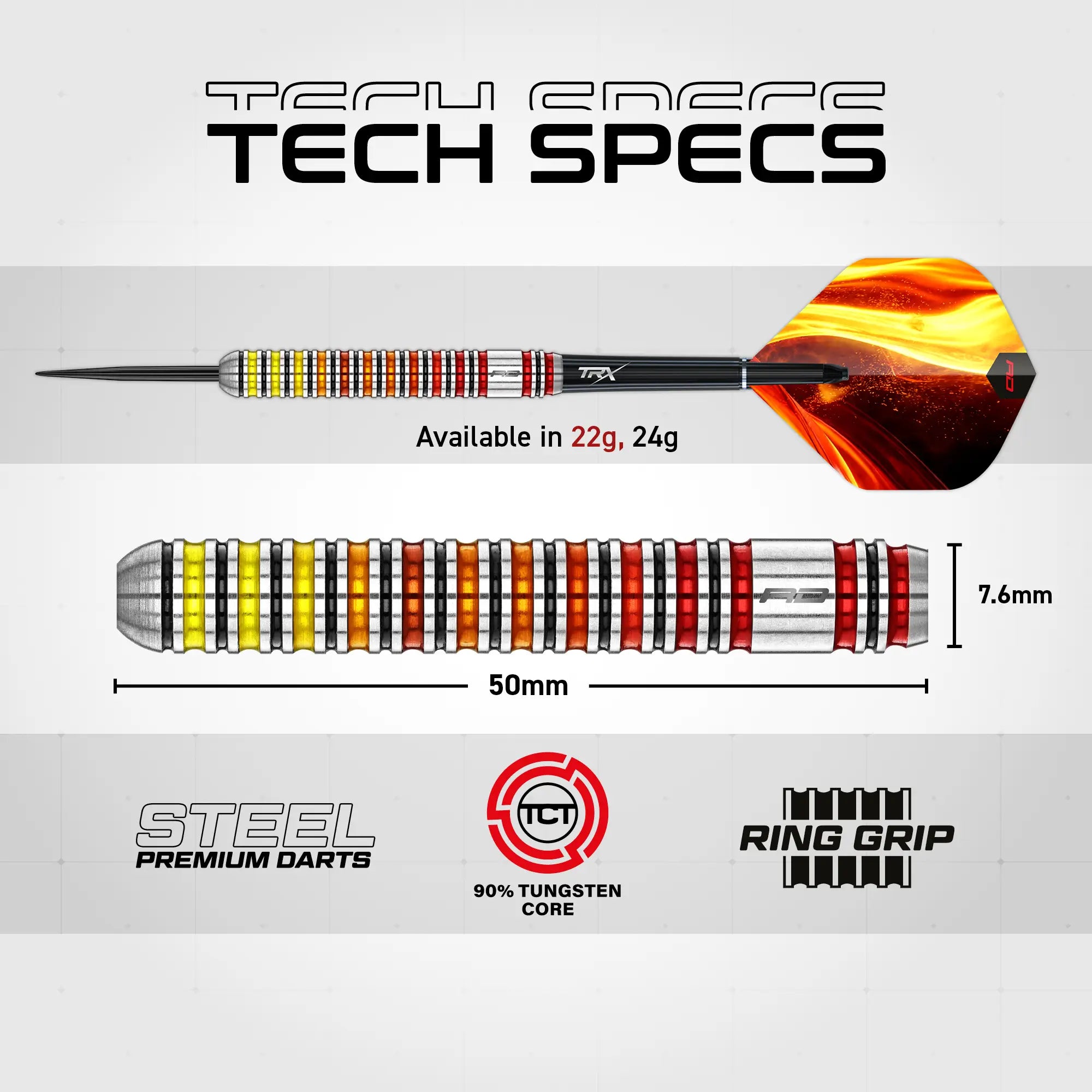 Tech Specs steel premium darts with a 90% tungsten core and ring grip, featuring a silver and red striped barrel, a black and orange flight, and specifications including 50mm length, 7.6mm width, and available weights 22g, 24g.