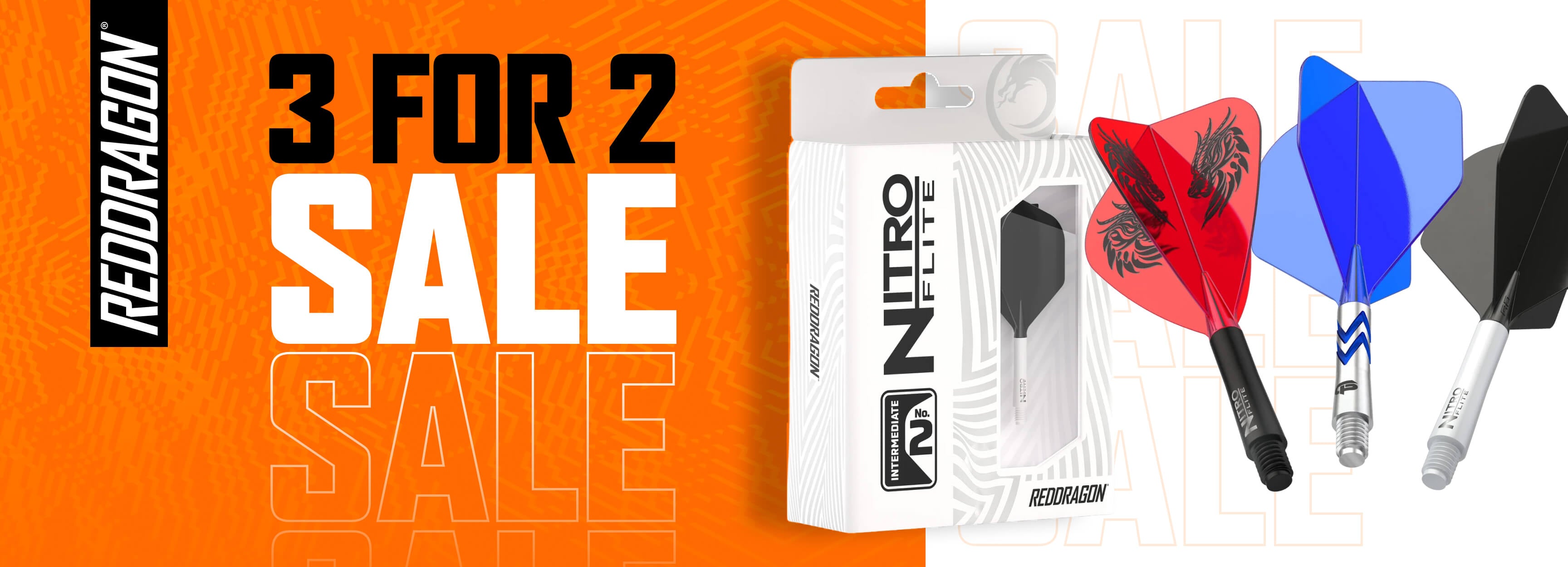 Red Dragon Nitro Elite dart flights shown with their retail box on an orange promotional background with large sale text reading '3 FOR 2 SALE'.