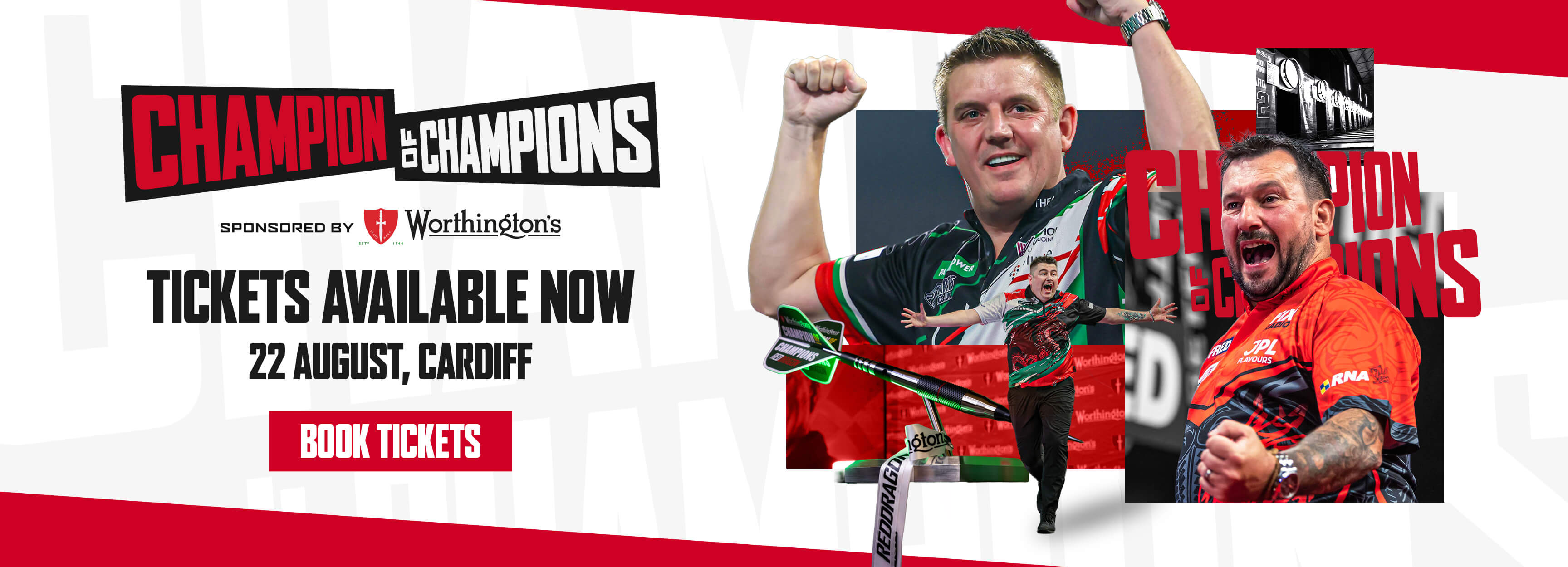 Promotional banner for a sports event featuring two male athletes in action, with text reading 'Champion of Champions', 'Book Tickets', and 'Tickets Available Now 22 August, Cardiff'.
