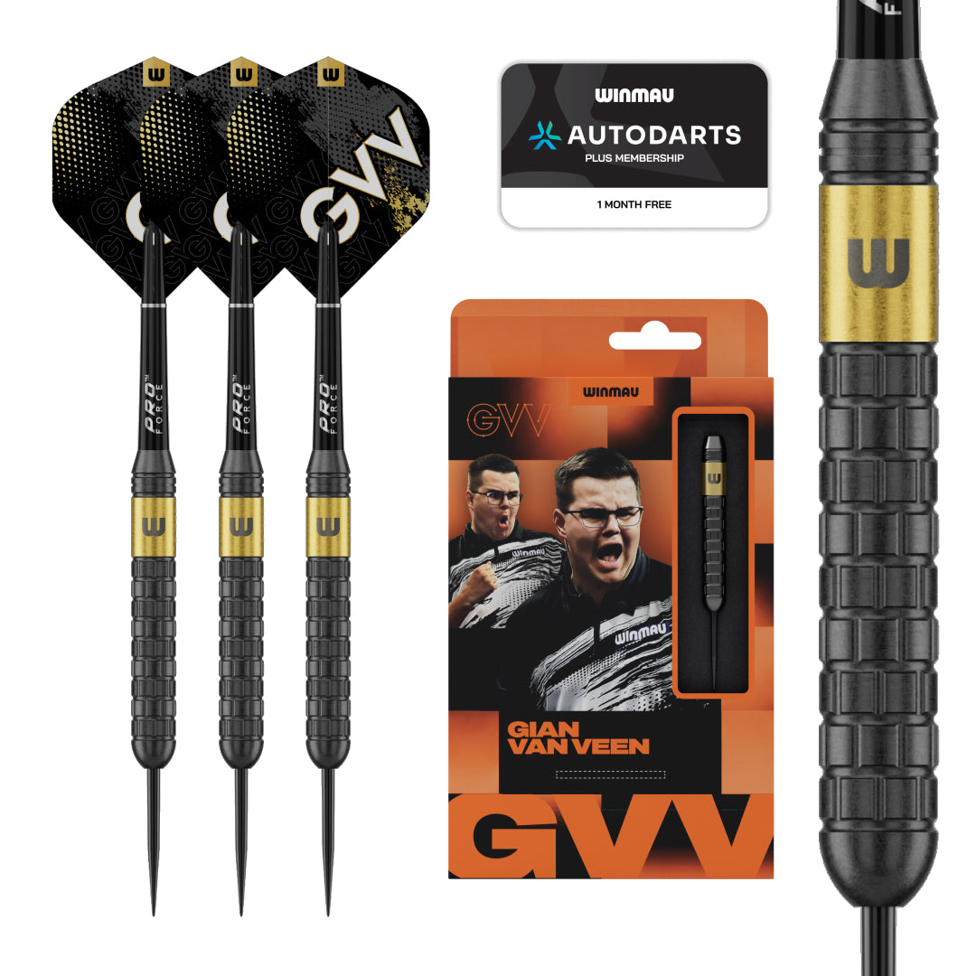 Gian Van Veen brass dart set on a white background, featuring three black and gold darts, a close-up of a dart barrel, and the orange packaging, along with Winmau Autodarts Plus 1 month free Membership card.