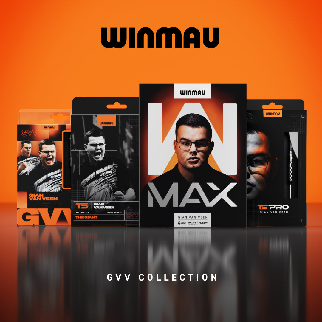 A promotional graphic for the Winmau GVV Collection, showing several packaged darts arranged in a row against a bright orange gradient background. The center package is black with large white and orange 'W-MAX' lettering and a portrait of Gian Van Veen.