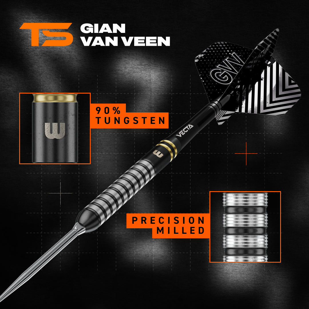 Close up of Gian Van Veen Ts 90% tungsten dart