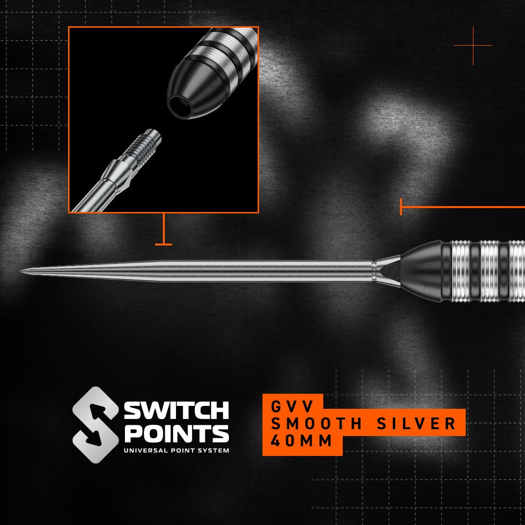 A silver and black dart with a textured grip and a close-up inset of the tip and barrel, shown on a dark graphic background with the text 'SWITCH POINTS' and 'GVV SMOOTH SILVER 40MM'.