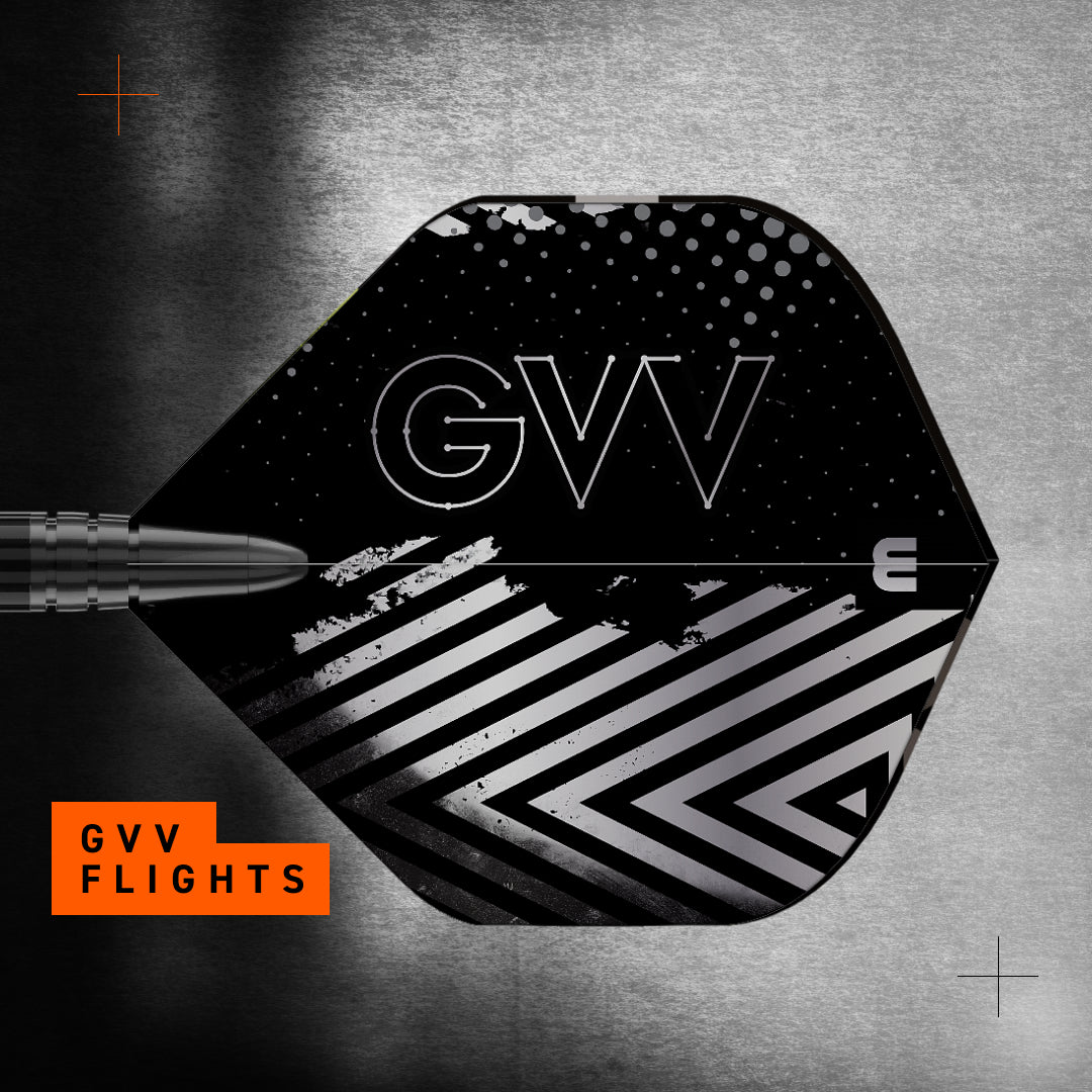 A close-up of a black dart flight with white 'GVV' lettering and geometric stripe patterns, with a dart shaft entering from the left. The background is a textured metallic gray, and an orange 'GVV FLIGHTS' label appears in the lower left.