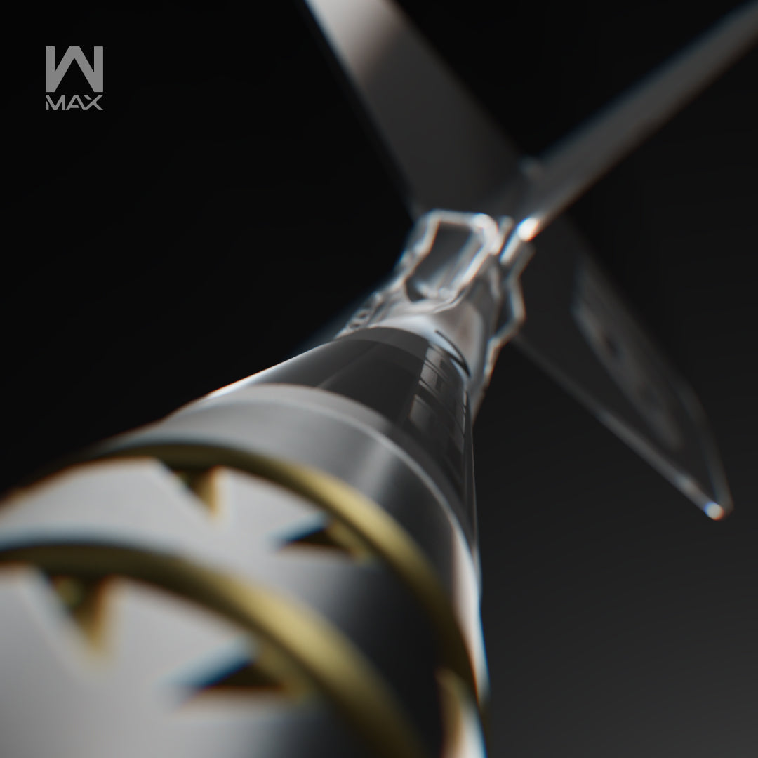 Close-up of a dart barrel and shaft with a transparent Fusion flight, shown against a dark background. Winmau Gian Van Veen 'W MAX' logo appears in the upper left.