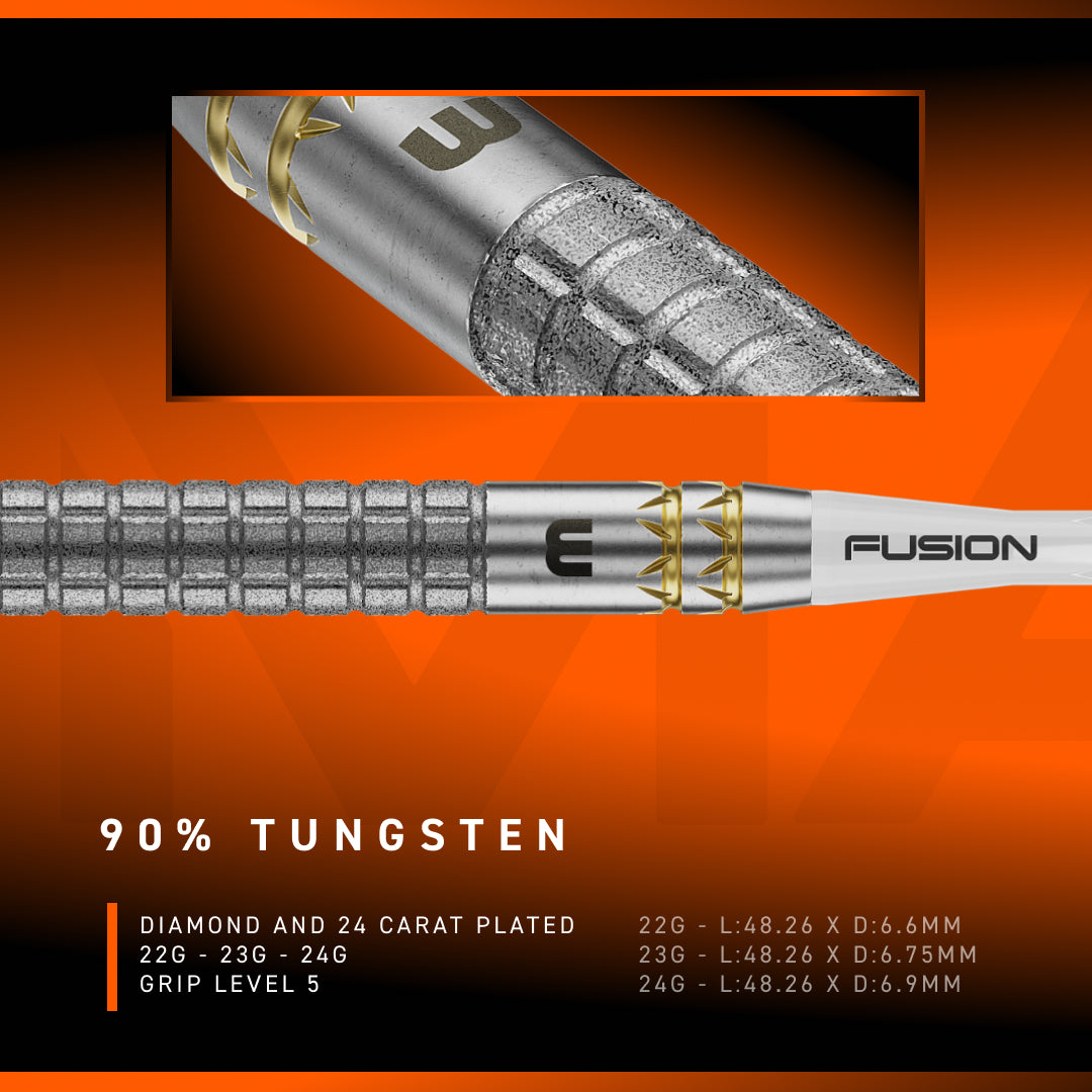 A product information graphic for a dart shaft, showing a close-up inset of grip, a full-length side view, and text detailing specifications: 90% tungsten, diamond and 24 carat plated, grip level 5, with weights and lengths listed on an orange gradient background.