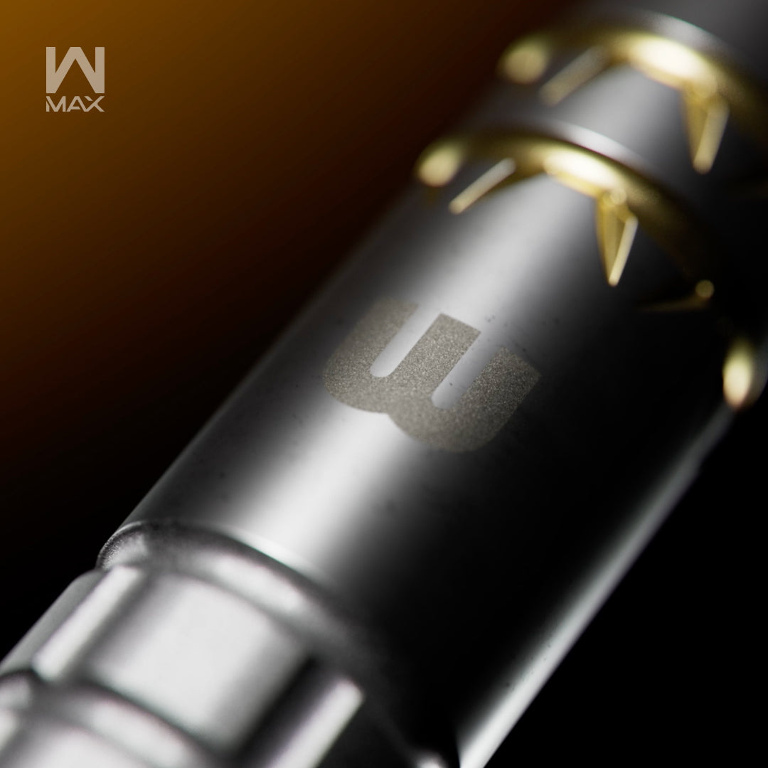 Close-up of a dart with a gold Winmau logo and gold accents, photographed against a dark background with a W-MAX watermark in the top left.