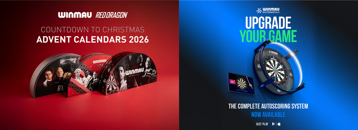 A promotional banner split into two halves. The left side has a red background with Winmau Red Dragon Countdown to Christmas Advent Calendars 2026 text and three darts-themed calendars shown, the right side has a blue background and Autodarts X autoscoring system with the words "UPGRADE YOUR GAME" and "The complete autoscoring system - now available"