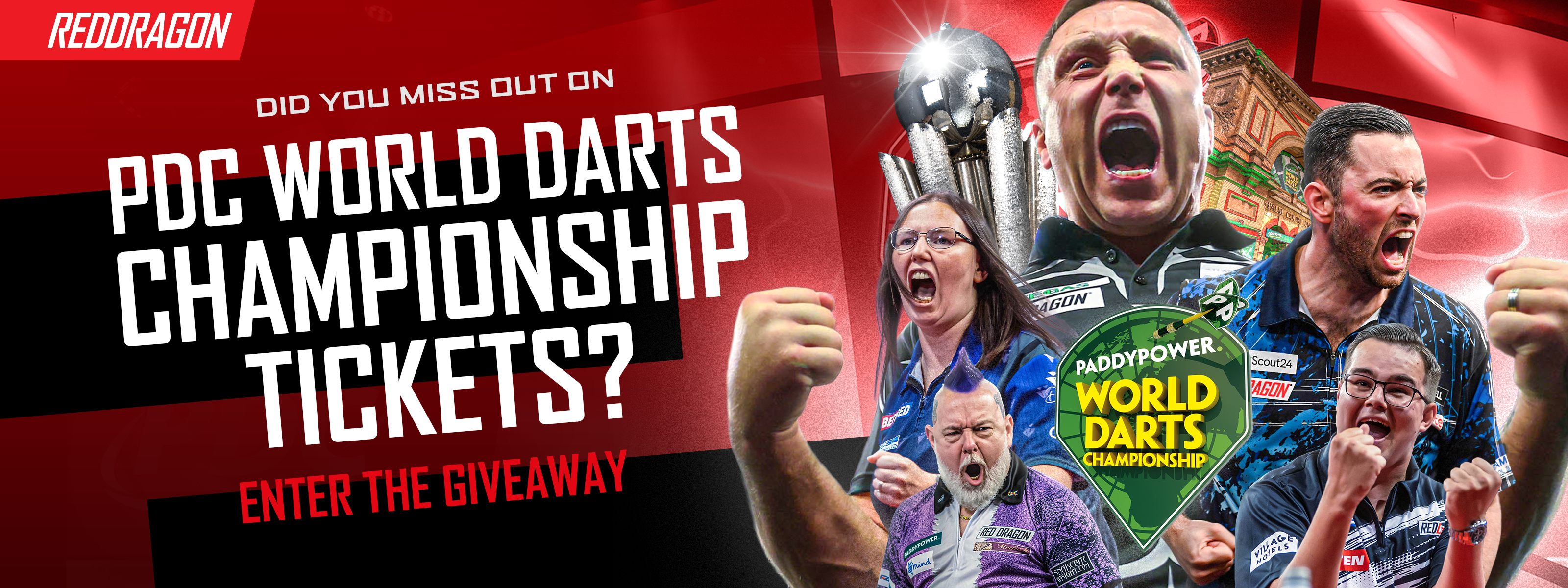 Promotional banner for PDC World Darts Championship tickets giveaway with excited darts players and Red Dragon branding.